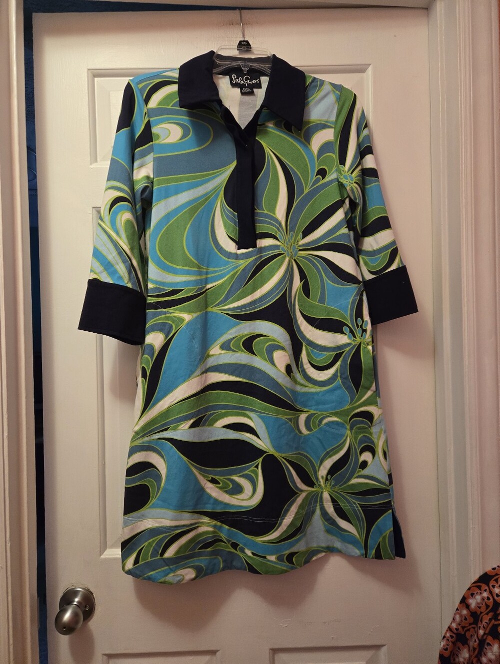 Lesley Evers Cotton Blue Green Print Collared Shift Dress